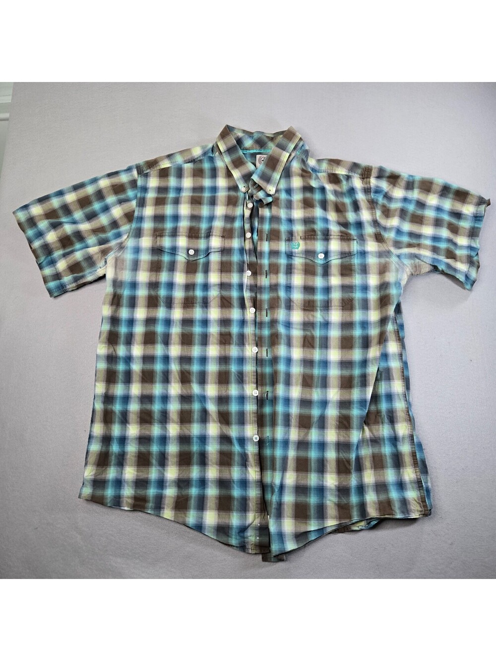 Cinch Western Shirt Mens 2XL Green Blue Brown Plaid Cotton Short Sleeve Button